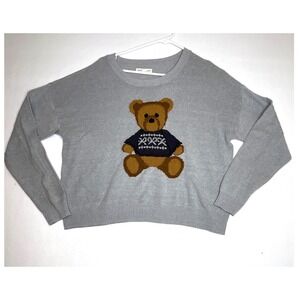 Aeropostale Women Sweater Teddy Bear Intarsia Knit Graphic Small Gray